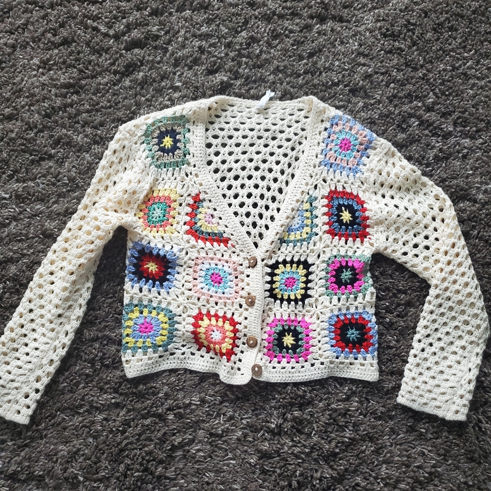 Colorful Crochet Cardigan, Summer, Boho, Medium-Large
